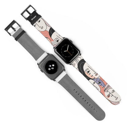 Abstract Minimalist Drawing Pastel Women Faces Pattern - Leather Apple Watch Strap/Band