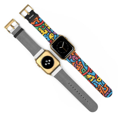 Abstract Rainbow Happiness Bold Geometric Keith Haring Style Line Pattern Leather Apple Watch Band