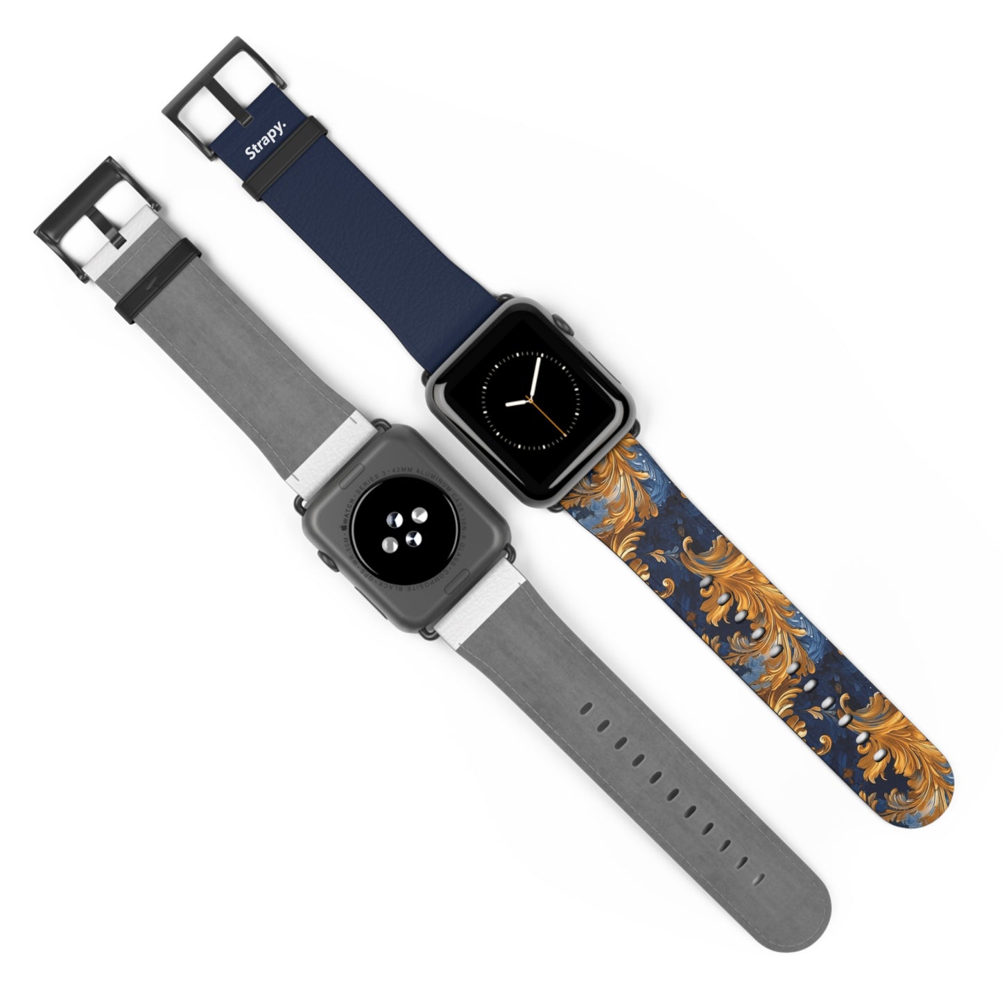 Victorian Baroque Golden & Dark Blue Royal Floral Pattern - Leather Apple Watch Strap/Band