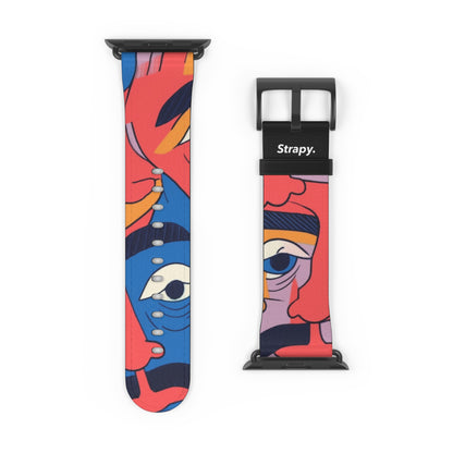 Surreal Colored Mustache Faces Pattern - Leather Apple Watch Strap/Band