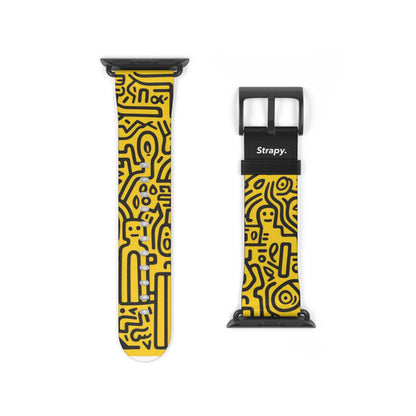 Abstract Keith Haring Homage Yellow Happiness Bold Geometric Line Pattern Leather Apple Watch Band