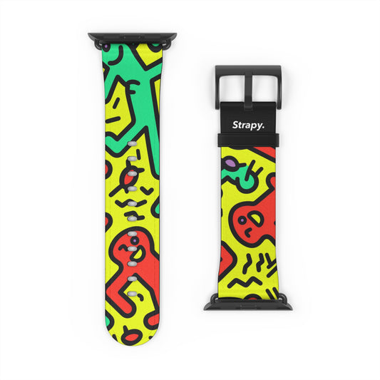 Abstraktes tanzendes, kräftiges geometrisches Linienmuster im Keith-Haring-Stil – Apple-Watch-Armband/Armband aus Leder