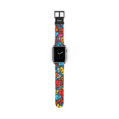 Abstract Keith Haring Homage Bold Lines Colorful Heart Faces Pattern Leather Apple Watch Band