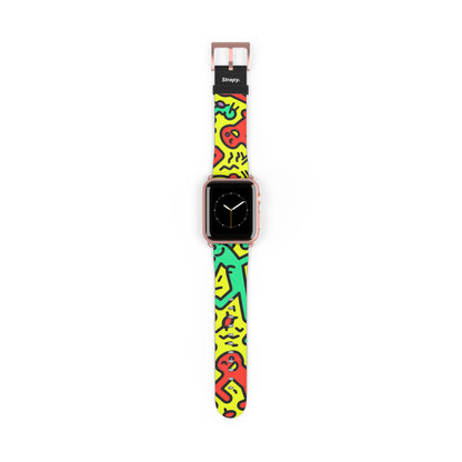 Abstraktes tanzendes, kräftiges geometrisches Linienmuster im Keith-Haring-Stil – Apple-Watch-Armband/Armband aus Leder