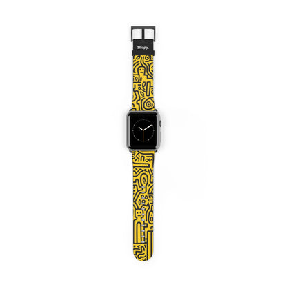 Abstract Keith Haring Homage Yellow Happiness Bold Geometric Line Pattern Leather Apple Watch Band