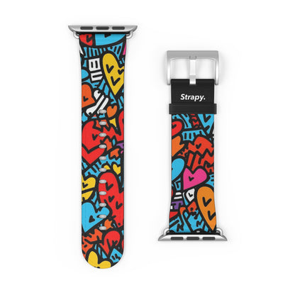 Abstract Keith Haring Homage Bold Lines Colorful Heart Faces Pattern Leather Apple Watch Band