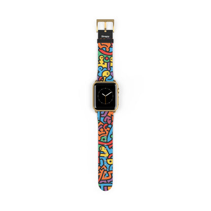 Abstract Rainbow Happiness Bold Geometric Keith Haring Style Line Pattern Leather Apple Watch Band