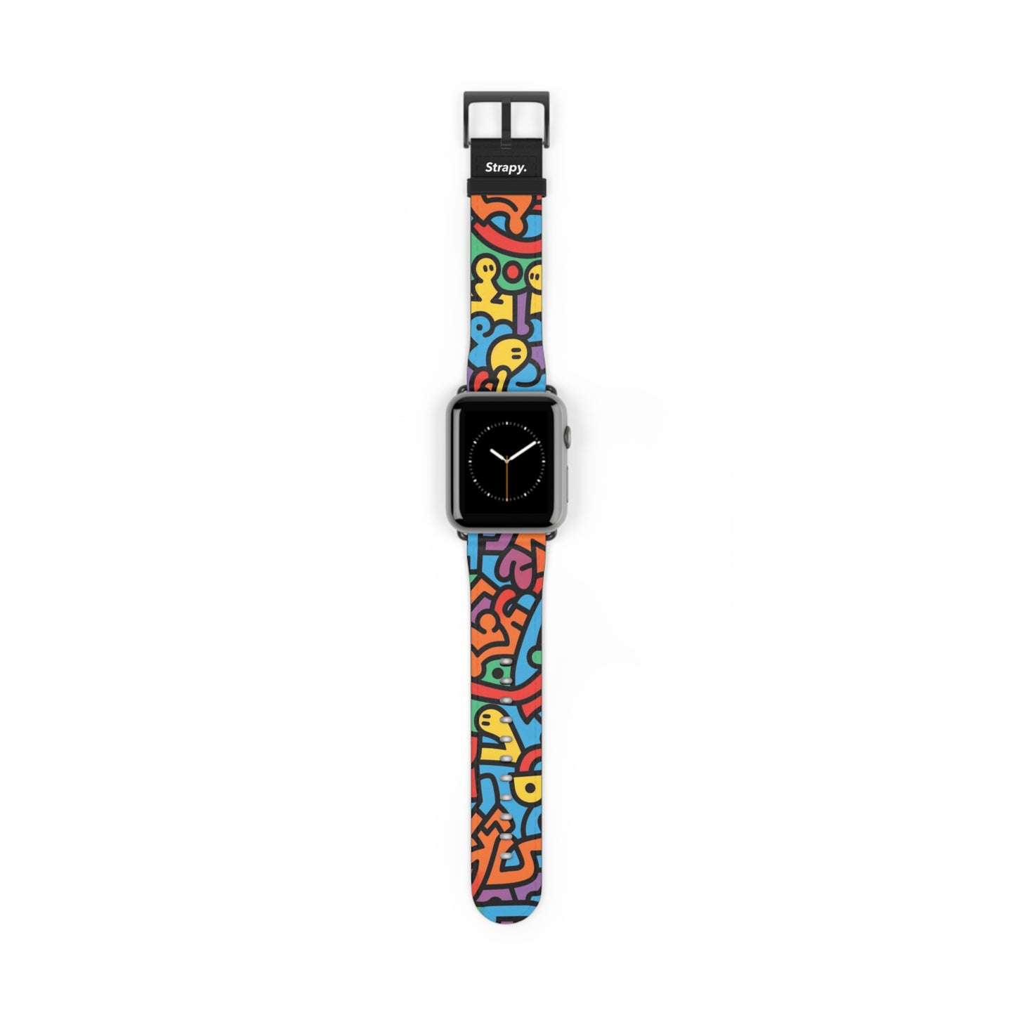 Motif de ligne de style Keith Harring géométrique abstrait bonheur arc-en-ciel - Bracelet/bande de montre Apple en cuir