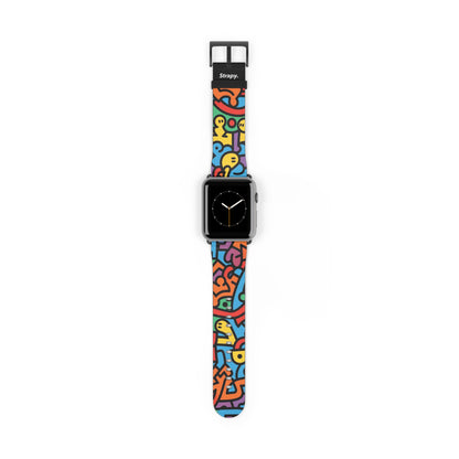 Abstract Rainbow Happiness Bold Geometric Keith Haring Style Line Pattern Leather Apple Watch Band