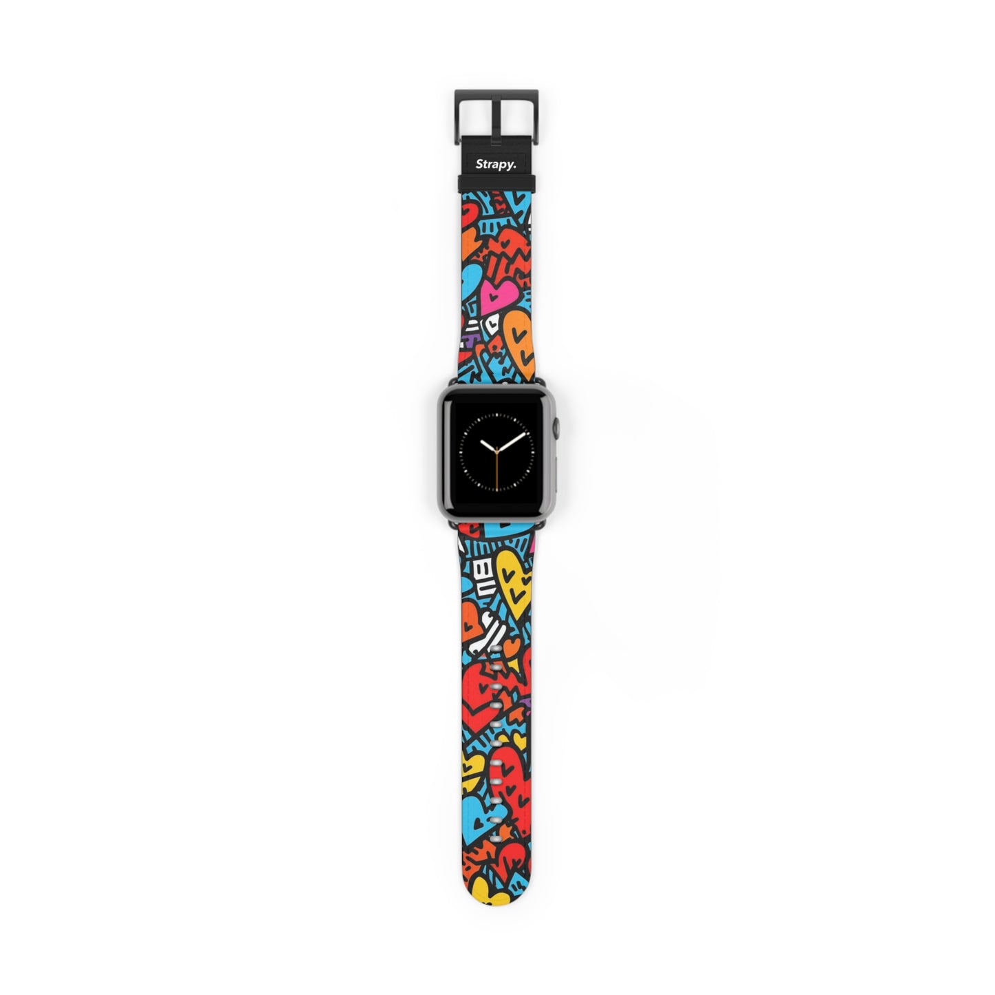 Abstrakte, kräftige Linien, buntes Herzgesichter-Muster – Apple-Watch-Armband/Armband aus Leder