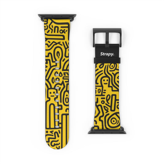 Abstract Keith Haring Homage Yellow Happiness Bold Geometric Line Pattern Leather Apple Watch Band