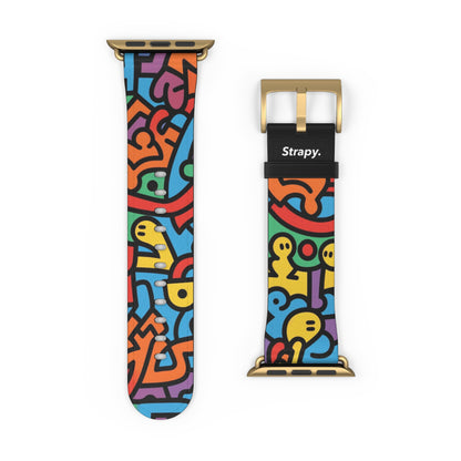 Abstraktes Regenbogen-Glück, kräftiges geometrisches Linienmuster im Keith-Haring-Stil – Apple-Watch-Armband/Armband aus Leder