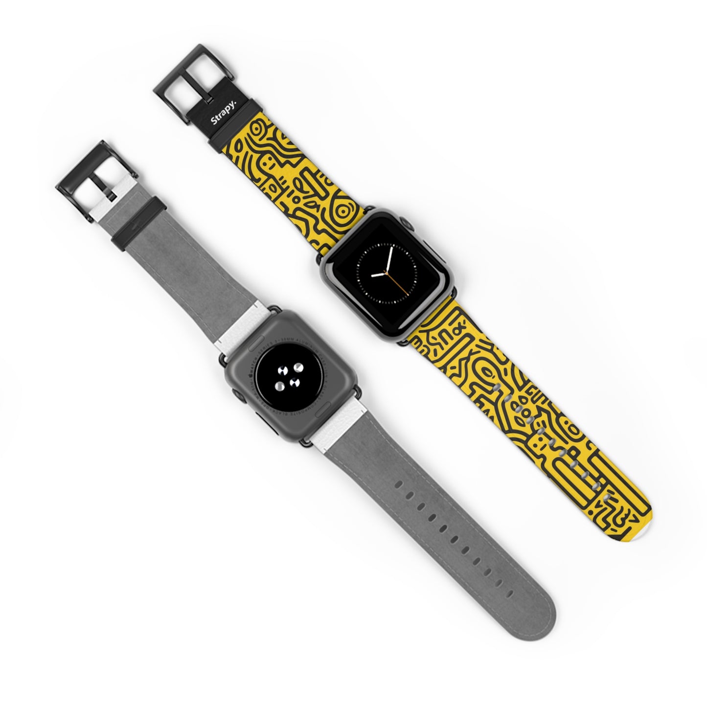 Abstract Keith Haring Homage Yellow Happiness Bold Geometric Line Pattern Leather Apple Watch Band