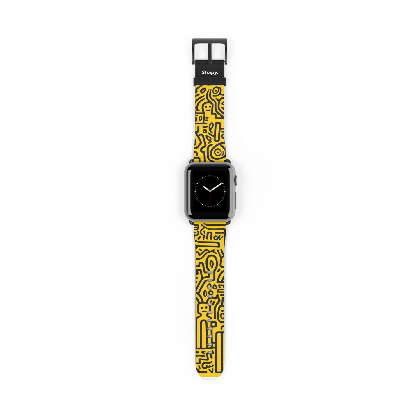 Abstract Keith Haring Homage Yellow Happiness Bold Geometric Line Pattern Leather Apple Watch Band