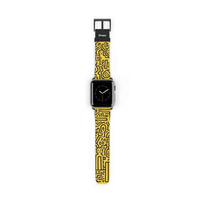 Abstract Keith Haring Homage Yellow Happiness Bold Geometric Line Pattern Leather Apple Watch Band