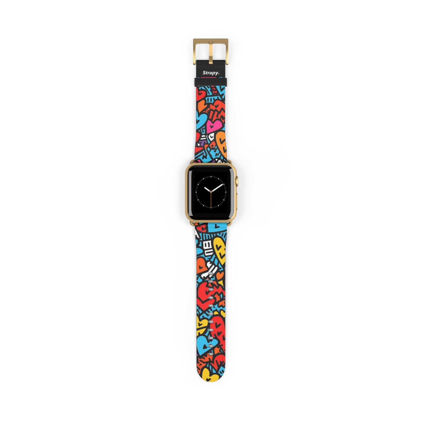 Abstract Keith Haring Homage Bold Lines Colorful Heart Faces Pattern Leather Apple Watch Band