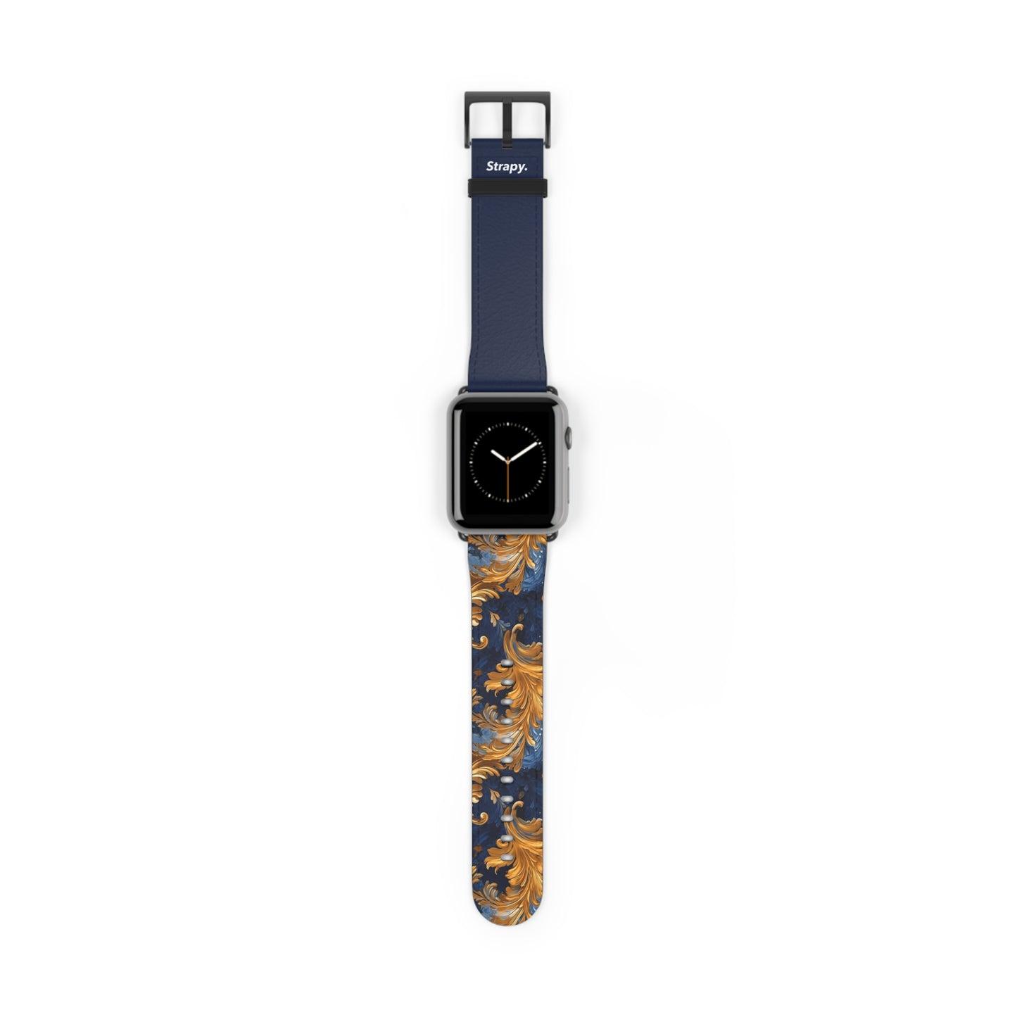 Victorian Baroque Golden & Dark Blue Royal Floral Pattern - Leather Apple Watch Strap/Band