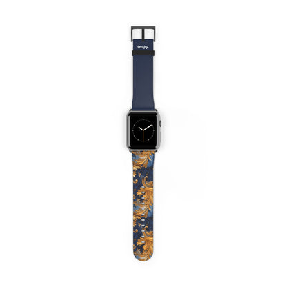 Victorian Baroque Golden & Dark Blue Royal Floral Pattern - Leather Apple Watch Strap/Band