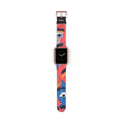 Surreal Colored Mustache Faces Pattern - Leather Apple Watch Strap/Band