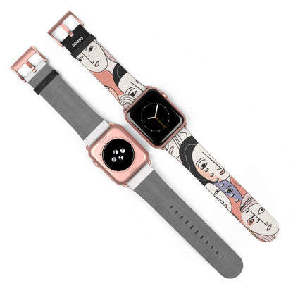 Motif de visages de femmes pastel dessin minimaliste abstrait - Bracelet/Bande Apple Watch en cuir