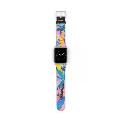 Summer Beach Palms Contemporary Pattern Leather Apple Watch Band