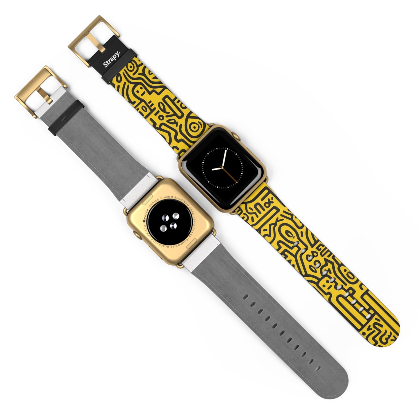 Abstract Keith Haring Homage Yellow Happiness Bold Geometric Line Pattern Leather Apple Watch Band