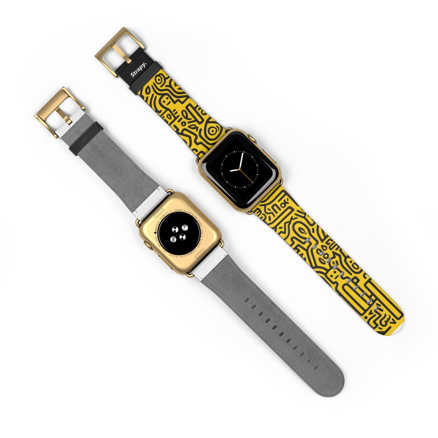 Abstract Keith Haring Homage Yellow Happiness Bold Geometric Line Pattern Leather Apple Watch Band