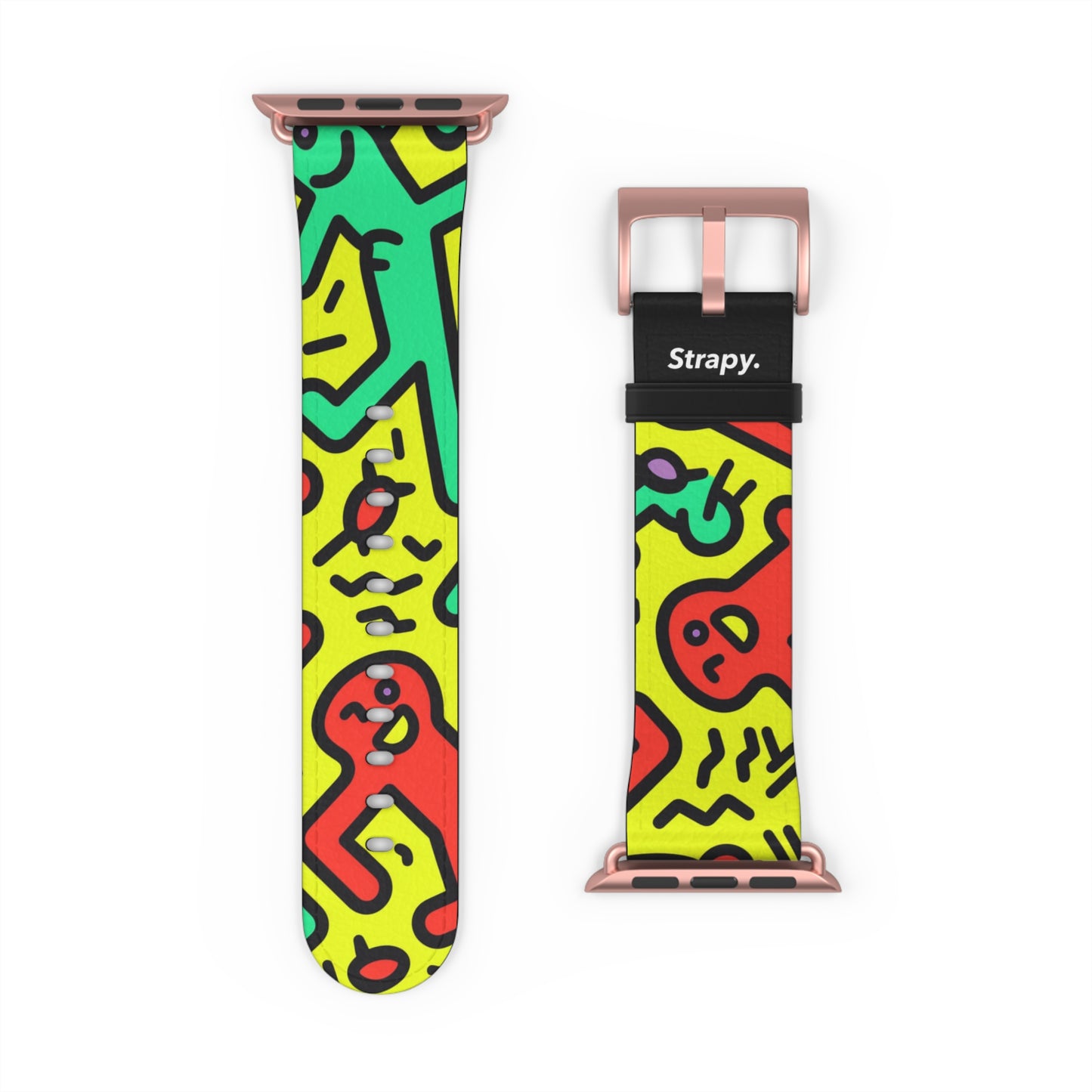 Abstraktes tanzendes, kräftiges geometrisches Linienmuster im Keith-Haring-Stil – Apple-Watch-Armband/Armband aus Leder