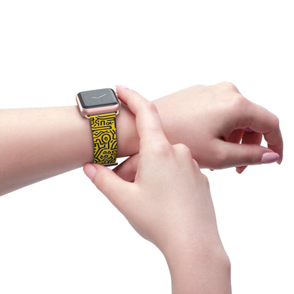 Abstract Keith Haring Homage Yellow Happiness Bold Geometric Line Pattern Leather Apple Watch Band