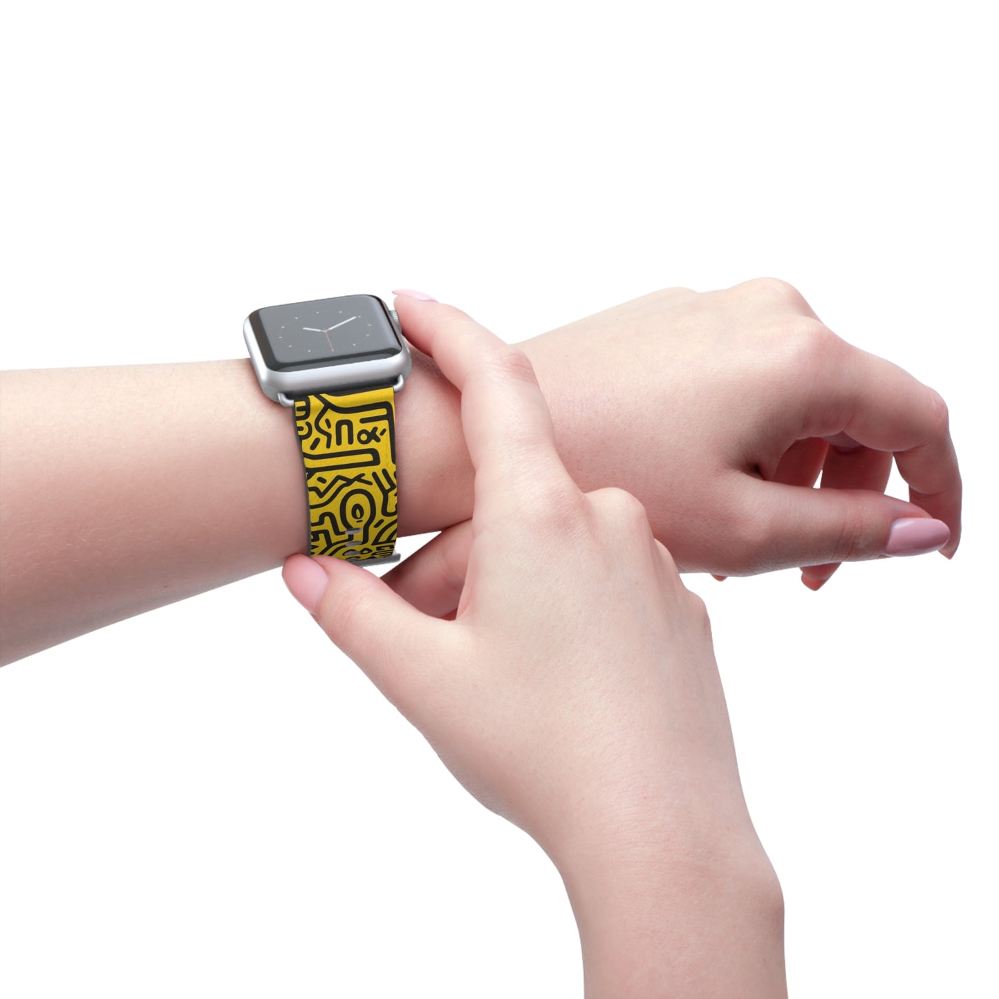 Abstract Keith Haring Homage Yellow Happiness Bold Geometric Line Pattern Leather Apple Watch Band