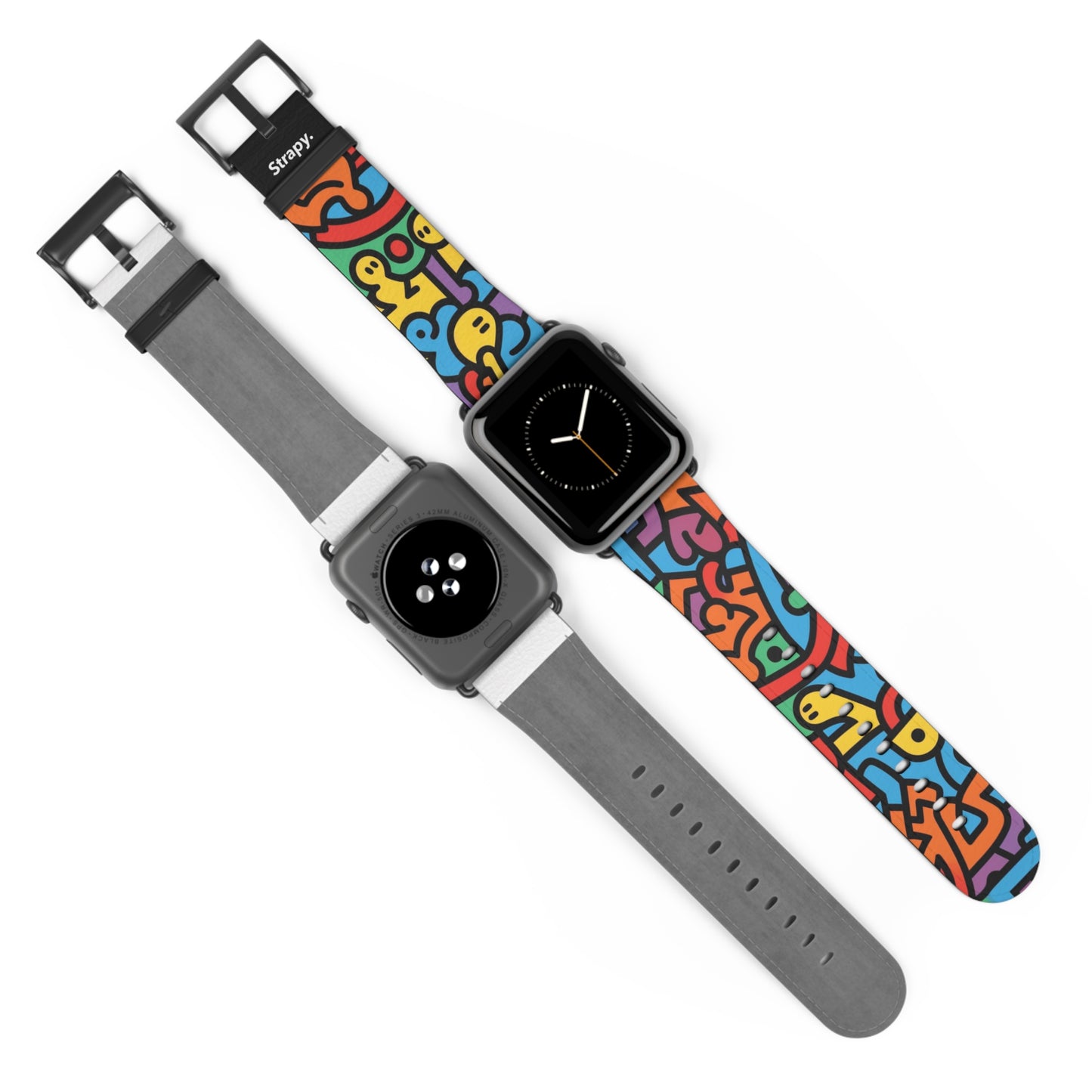 Abstraktes Regenbogen-Glück, kräftiges geometrisches Linienmuster im Keith-Haring-Stil – Apple-Watch-Armband/Armband aus Leder