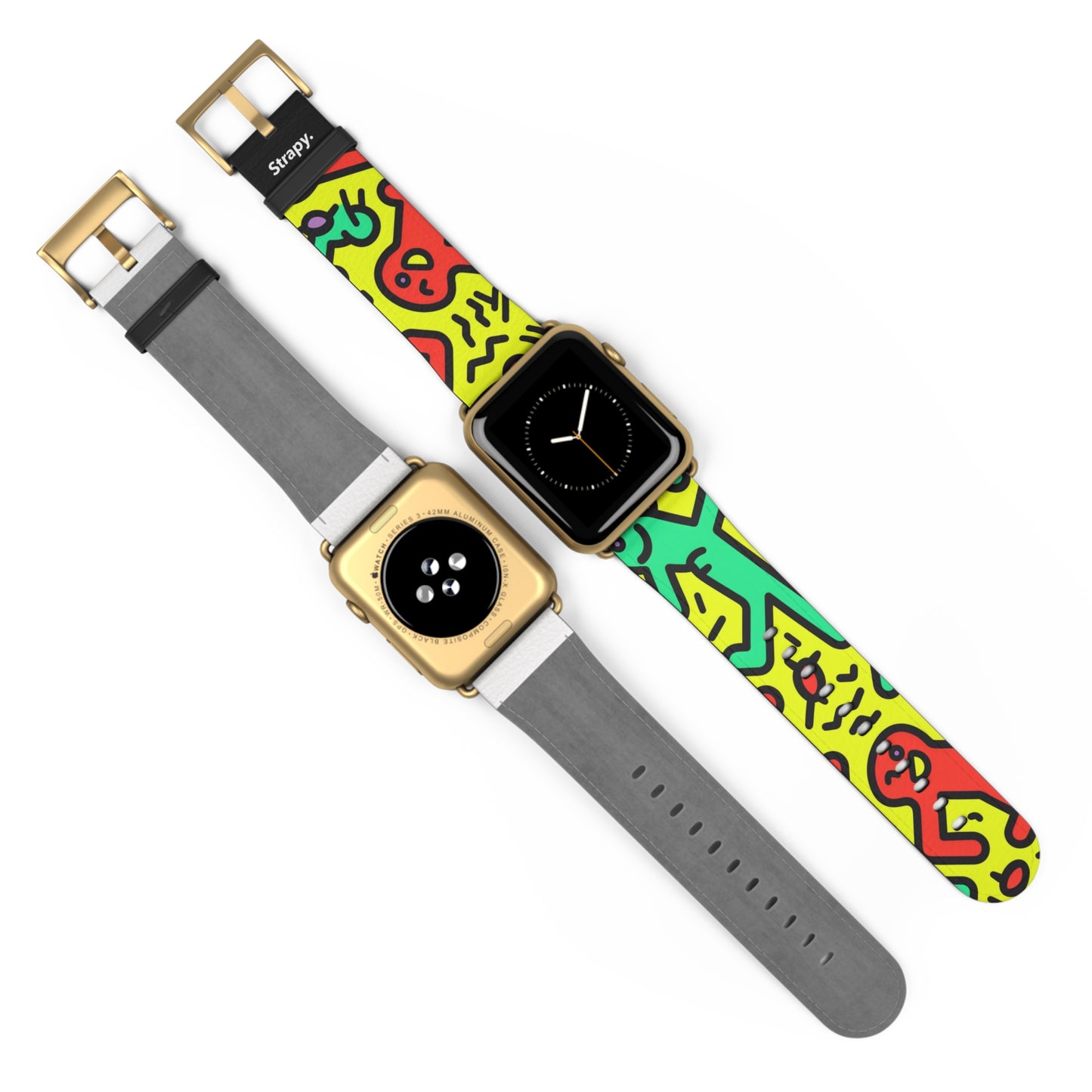 Abstraktes tanzendes, kräftiges geometrisches Linienmuster im Keith-Haring-Stil – Apple-Watch-Armband/Armband aus Leder