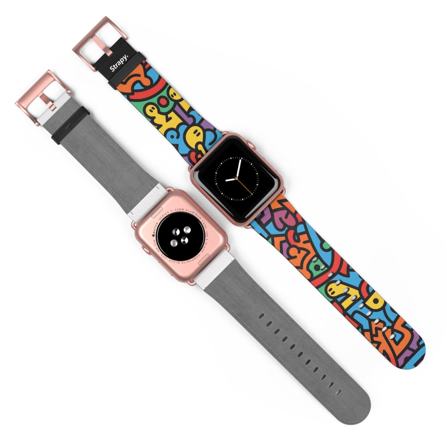 Motif de ligne de style Keith Harring géométrique abstrait bonheur arc-en-ciel - Bracelet/bande de montre Apple en cuir