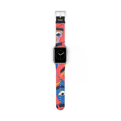 Motif de visages de moustache colorés surréalistes - Bracelet/Bande Apple Watch en cuir