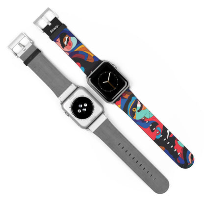 Surreales buntes Dali-Gesichtermuster – Lederarmband für die Apple Watch