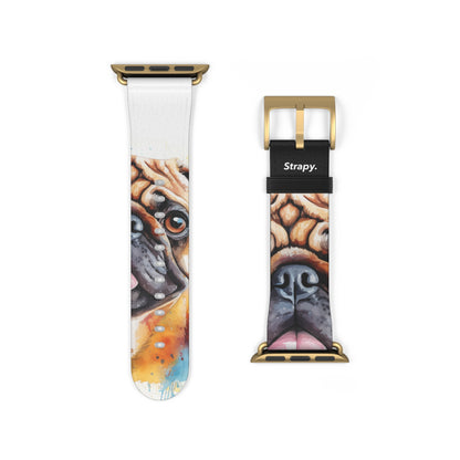 Aquarela Pug Dog Love - Leather Apple Watch Band