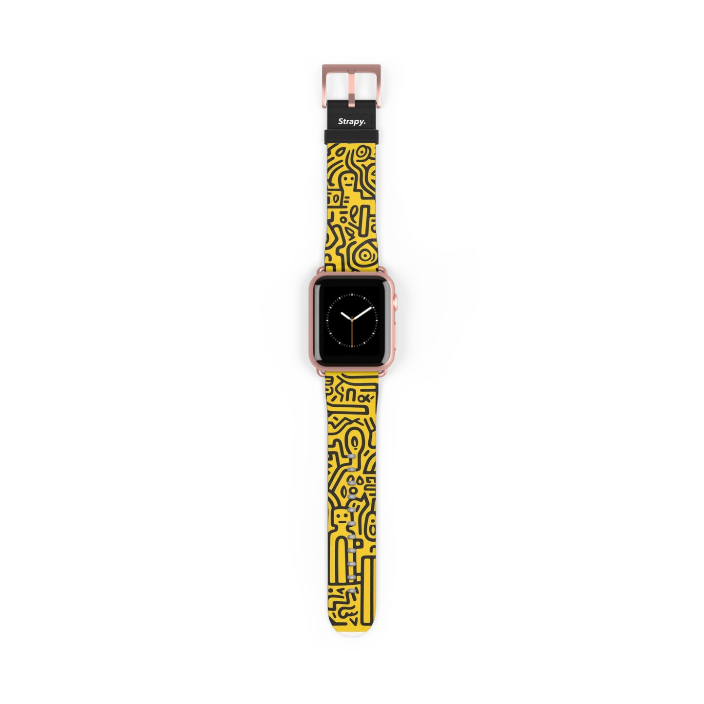 Abstract Keith Haring Homage Yellow Happiness Bold Geometric Line Pattern Leather Apple Watch Band