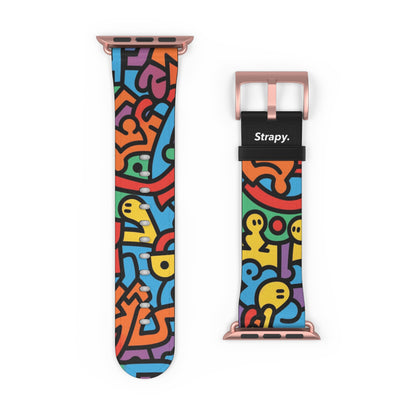 Motif de ligne de style Keith Harring géométrique abstrait bonheur arc-en-ciel - Bracelet/bande de montre Apple en cuir