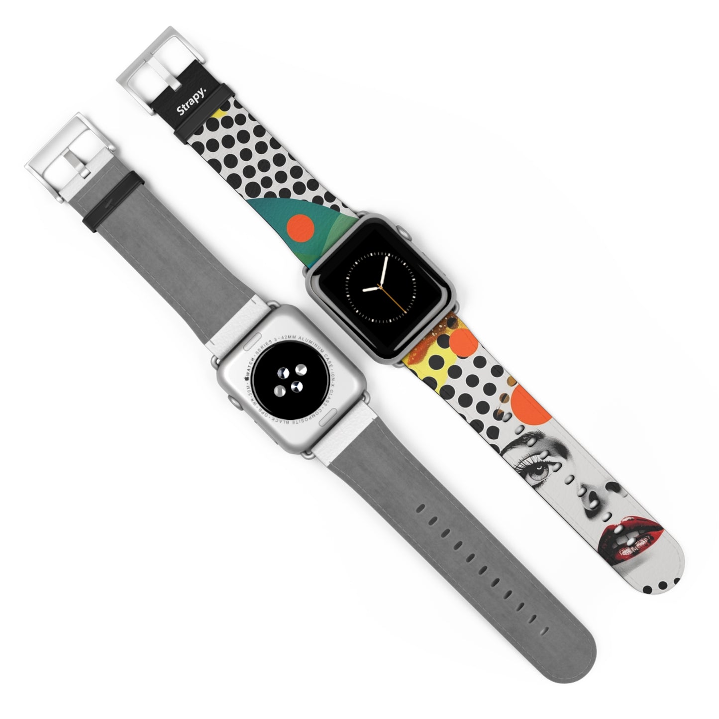 Abstrakte Comic-Art-Pop-Frauen-Polka-Gesichter-Muster – Apple-Watch-Armband/Armband aus Leder