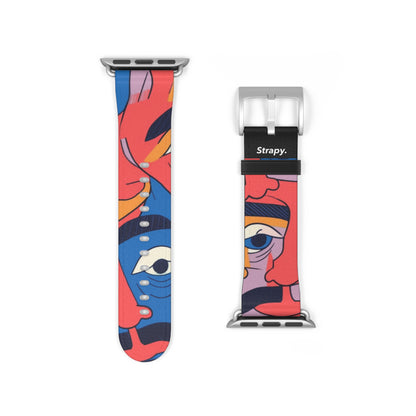 Motif de visages de moustache colorés surréalistes - Bracelet/Bande Apple Watch en cuir