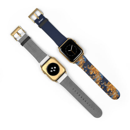 Victorian Baroque Golden & Dark Blue Royal Floral Pattern - Leather Apple Watch Strap/Band