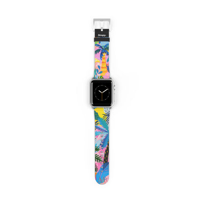 Summer Beach Palms Contemporary Pattern Leather Apple Watch Band