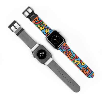 Motif de ligne de style Keith Harring géométrique abstrait bonheur arc-en-ciel - Bracelet/bande de montre Apple en cuir