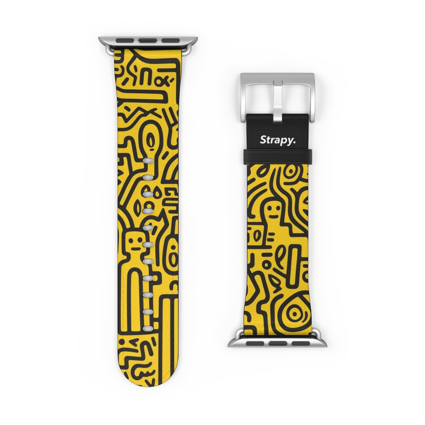 Abstract Keith Haring Homage Yellow Happiness Bold Geometric Line Pattern Leather Apple Watch Band