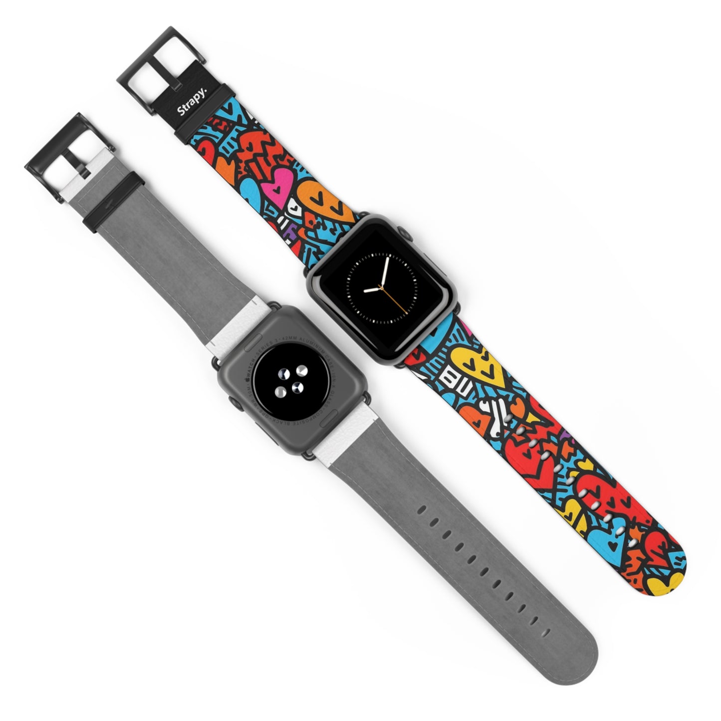 Motif de visages de coeur colorés de lignes audacieuses abstraites - Bracelet/Bande Apple Watch en cuir