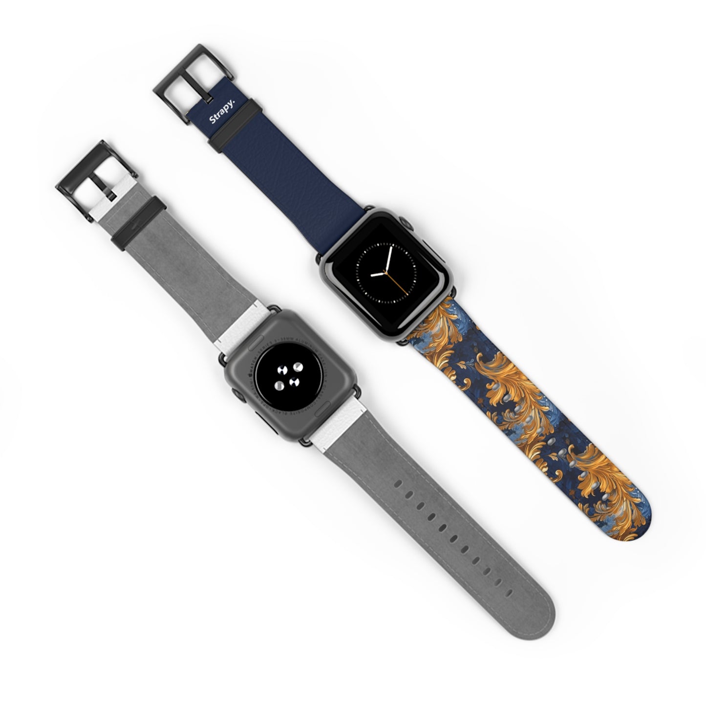 Victorian Baroque Golden & Dark Blue Royal Floral Pattern - Leather Apple Watch Strap/Band