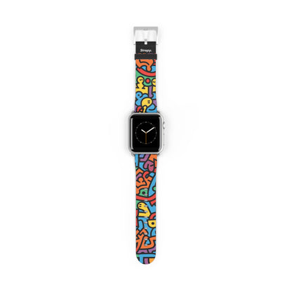 Abstract Rainbow Happiness Bold Geometric Keith Haring Style Line Pattern Leather Apple Watch Band