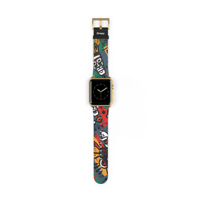 Abstraktes Muster im Basquiat-Stil des afrikanischen Stammes – Apple-Watch-Armband/Armband aus Leder