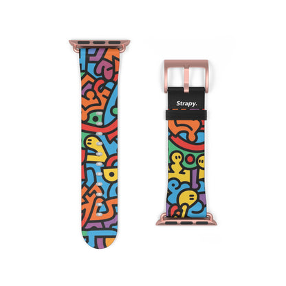 Abstraktes Regenbogen-Glück, kräftiges geometrisches Linienmuster im Keith-Haring-Stil – Apple-Watch-Armband/Armband aus Leder