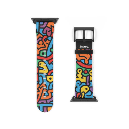 Abstract Rainbow Happiness Bold Geometric Keith Haring Style Line Pattern Leather Apple Watch Band